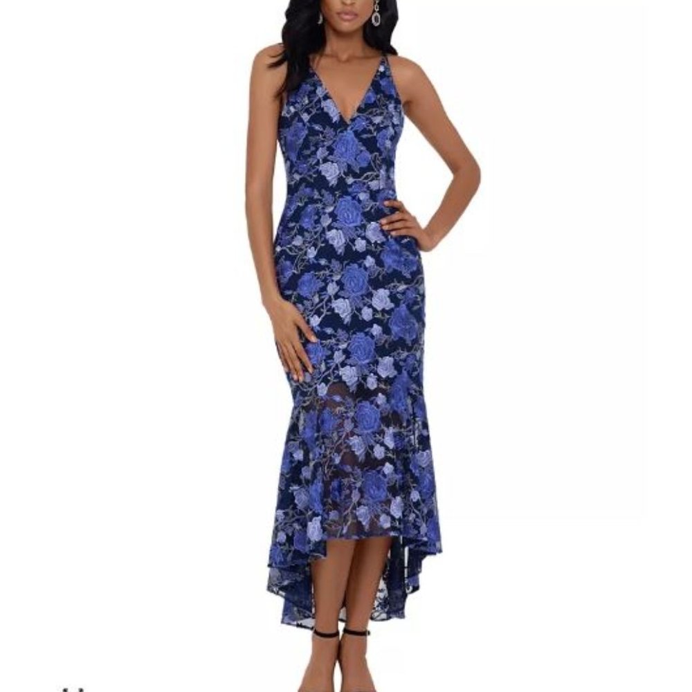 XSCAPE Embroidered Floral High-Low Gown